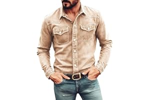 Mens Vintage Washed Long Sleeve Button Down Shirts Classic Lapel Solid Color Tees Tops for Business or Casual Wear