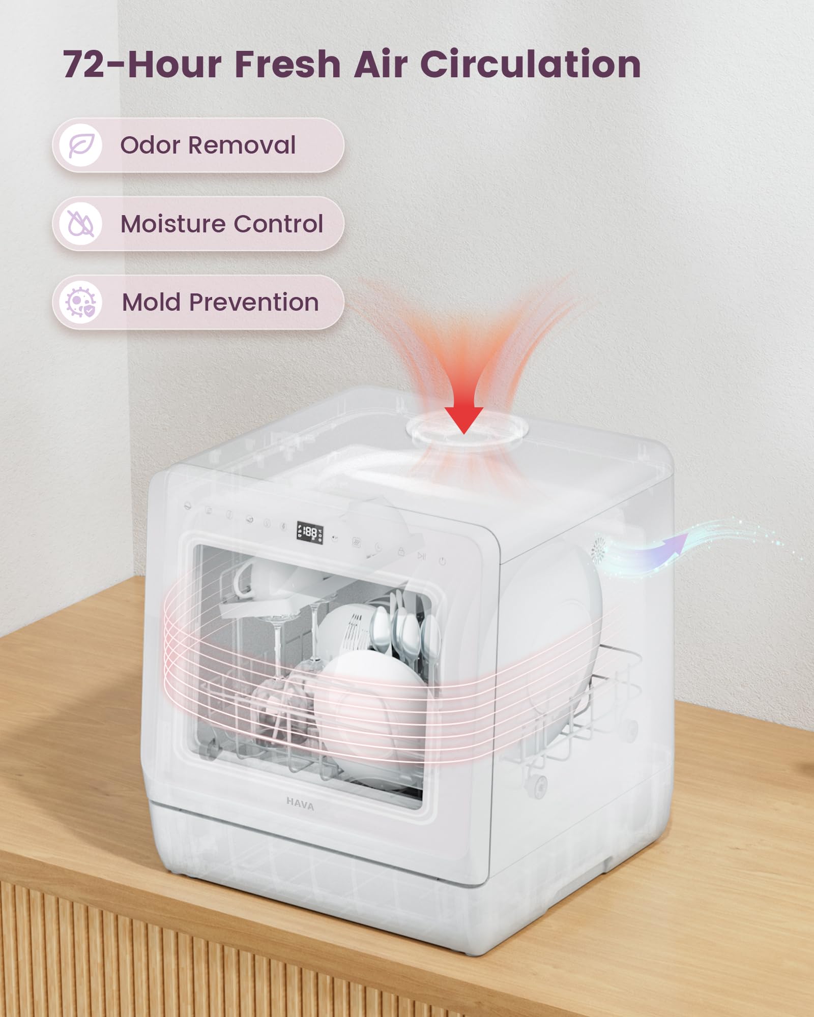 HAVA Countertop Dishwasher with Water Softener and Enhanced Energy Efficiency, Portable Dishwasher with 8 Wash Programs, Child Lock & Delayed Start Function, No Installation Needed - Misty Lilac