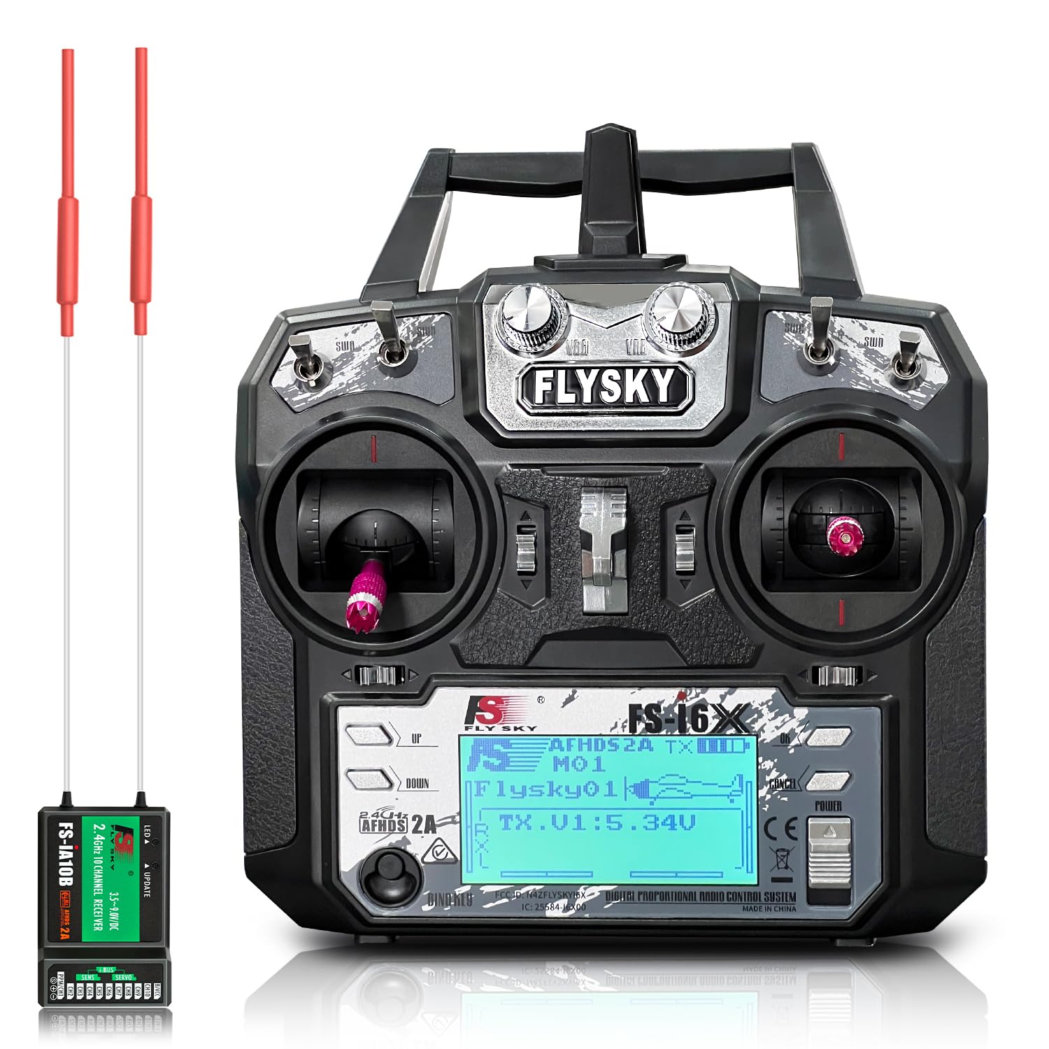 HAWK'S WORK FLYSKY FS-i6X 10Ch Transmitter with FS-iA10B Receiver, 2.4GHz RC Controller for RC Car Boat Airplane Helicopter Drone Robot & Construction Vehicle (Mode 2)