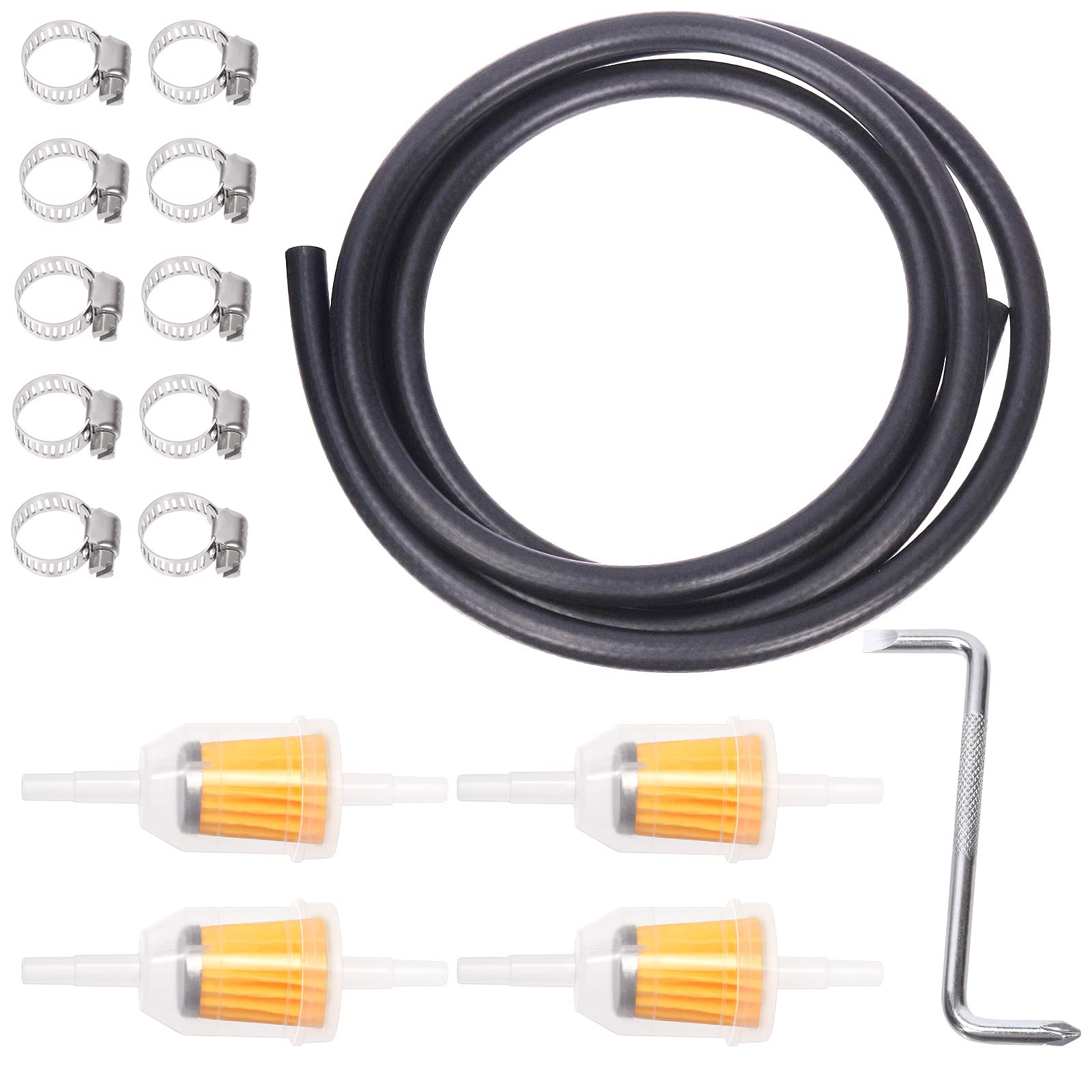 Swpeet 16Pcs 1/4 Inch ID Fuel Line Set, 2 Meter-6.5 Feet Length Black Fuel Line Hose with 4Pcs Fuel Filters, 10Pcs Worm Gear Hose Clamps and a Z-Shape Wrench for Small Engines Tractors Mowing Machine