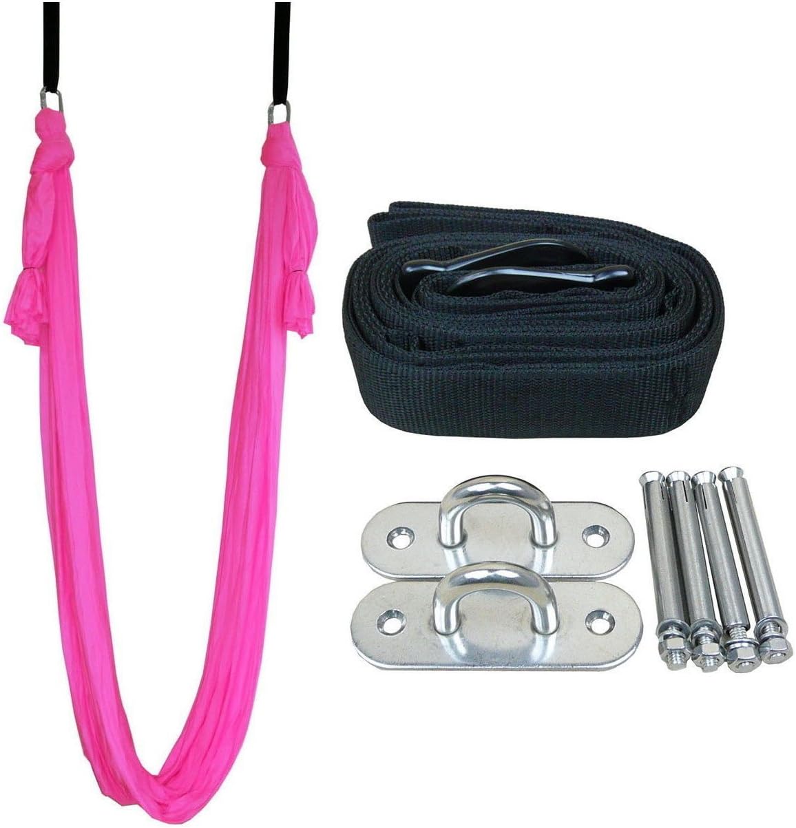 Omitree Deluxe 5.5 Yards Elastic Decompression Inversion Therapy Yoga Swing Aerial Yoga Hammock Flying Yoga Strap Complete set with Extension Belts & Anchors - Fuchsia