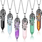 Yaomiao 6 Pieces Hexagonal Healing Crystal Necklace Natural Prism Stone Pendant Flower Wrapped Antique Quartz Yoga Energy with 20 Inch Chain (Antique Silver Flower and Chain)