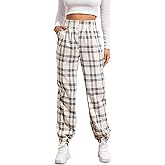 WDIRARA Women's Plaid Elastic High Waist Casual Tartan Pants with Pockets