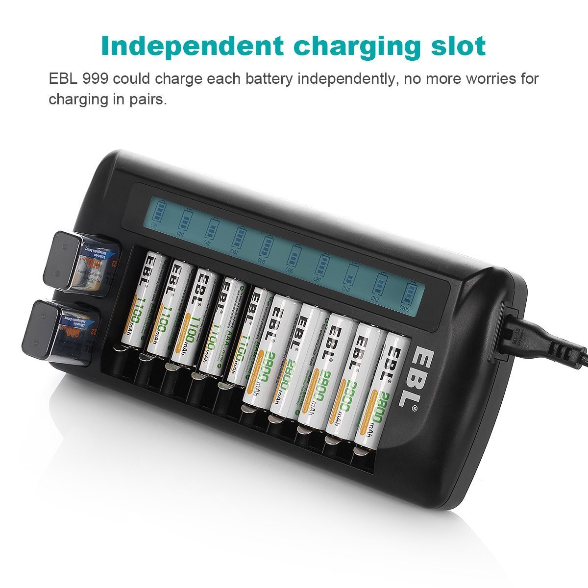 Charger For Rechargeable Batteries W/ Smart LCD 12 Bay AA AAA 9V ETL