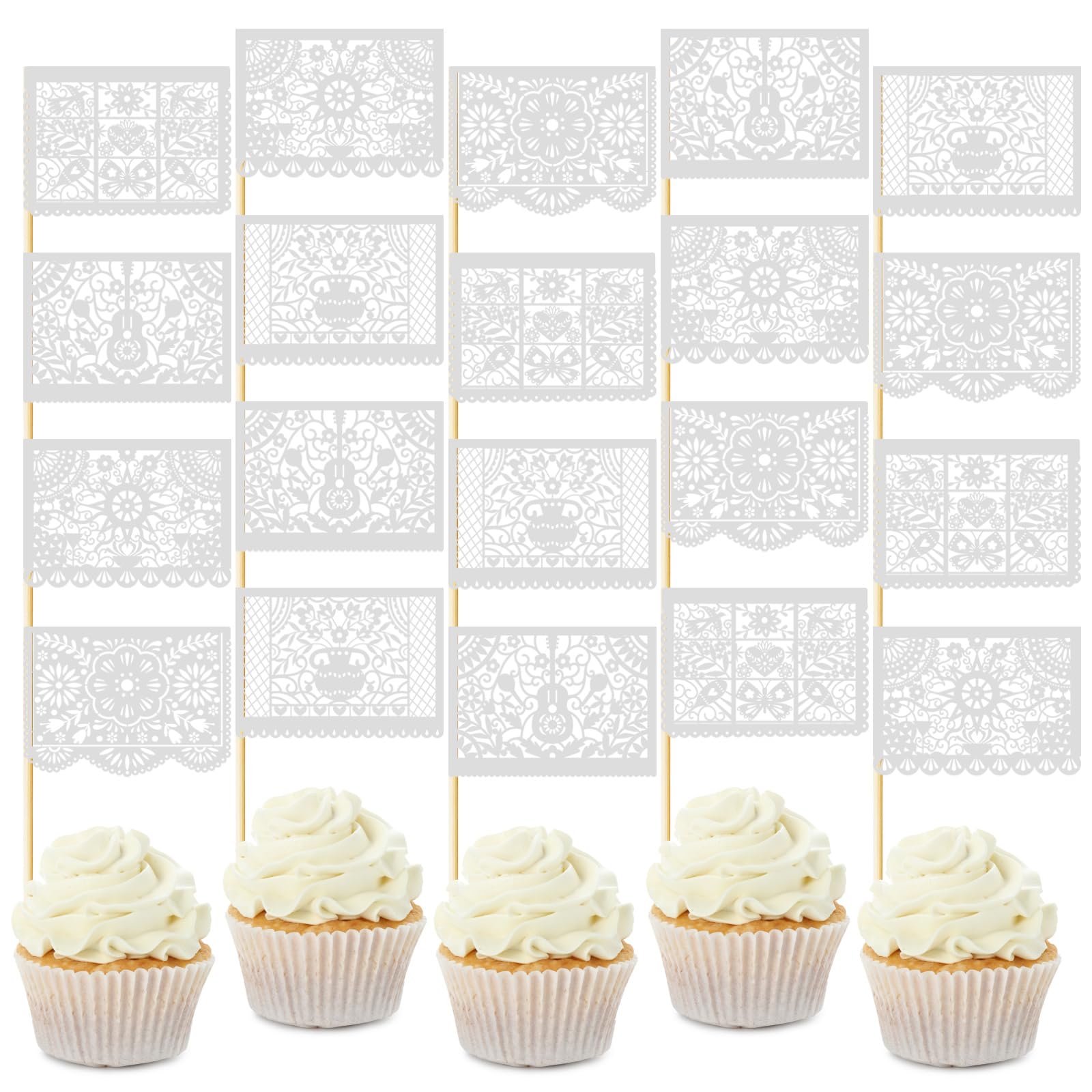 Photo 1 of Epakh 60 Pcs Mexican Fiesta Cupcake Toppers Mini Papel Picado Banner Cake Toppers, Mexican Theme Party Decorations Supplies Dia De Los Muertos Day of The Dead Decor(White)