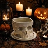 TALLGIRA Food Safe Ceramic Skull Bowl, Halloween Candy Bowl for Cereal Pasta Ice Cream, Microwave Dishwasher Skeleton Head Desk Decor (300, ml/min)