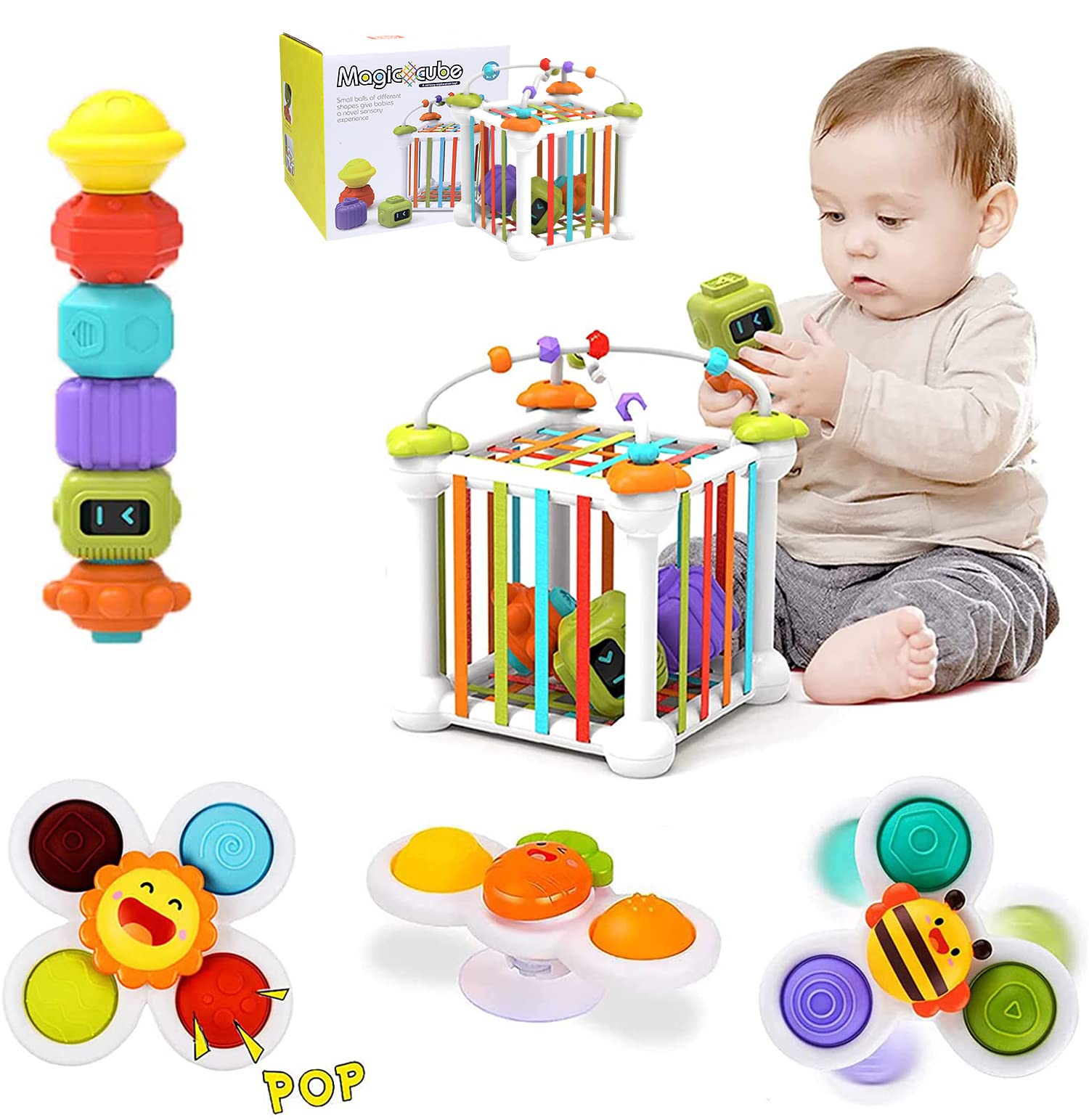 Morkka 12PCS Montessori Toys for Boy & Girl, Baby Sensory Bin Shape Sorter, Colorful Cube, Suction Cup Spinning Top & Bead Maze, Early Learning Toys for Toddlers Age 1-3