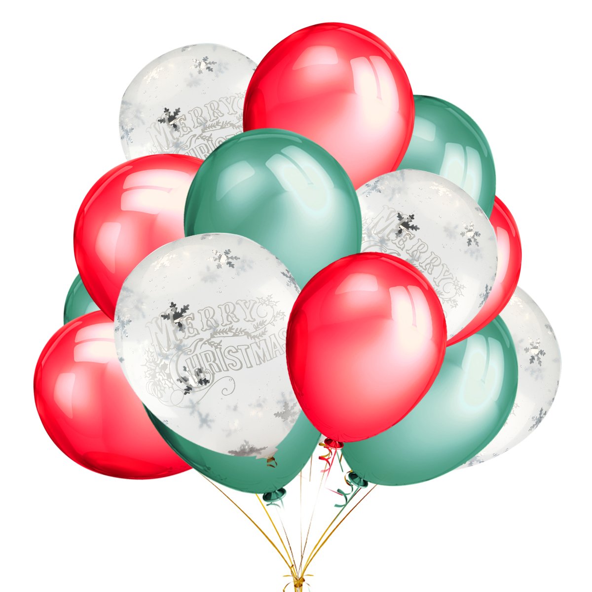 15 pcs Merry Christmas Printed White Snowflakes Confetti Balloons with 12 inches Green and Red Latex Party Balloons (30 Pcs) For Christmas Winter Wonderland Decorations Ornaments Party Supplies