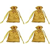 MECCANIXITY Satin Bags with Drawstring, 3x4 Inch Wedding Favor Bag Mini Gift Packaging Bag for Birthday Christmas Jewelry Party (Gold, Pack of 4)