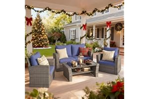 Wisteria Lane 4 Piece Patio Furniture Set, Wicker Outdoor Patio Conversation Furniture Set, All Weather Outdoor Patio Sofa with Cushion and Glass Table, Blue