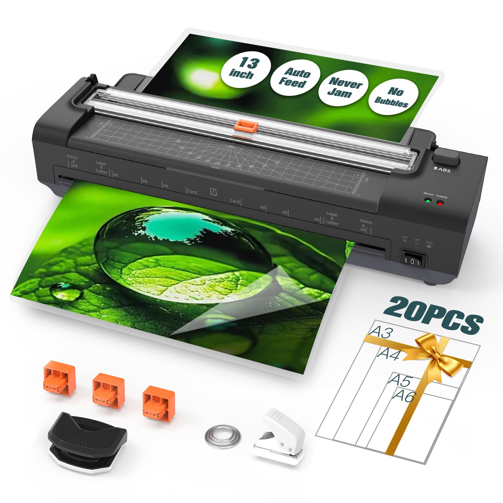 Photo 1 of 13 Inch Laminator Machine with Auto Paper Feed, Never Jam A3 Thermal & Cold Lamination, 20 Laminating Sheets, 10-in-1 Laminator with Cutter, Trimmer & Corner Rounder for Office School Home Use Black