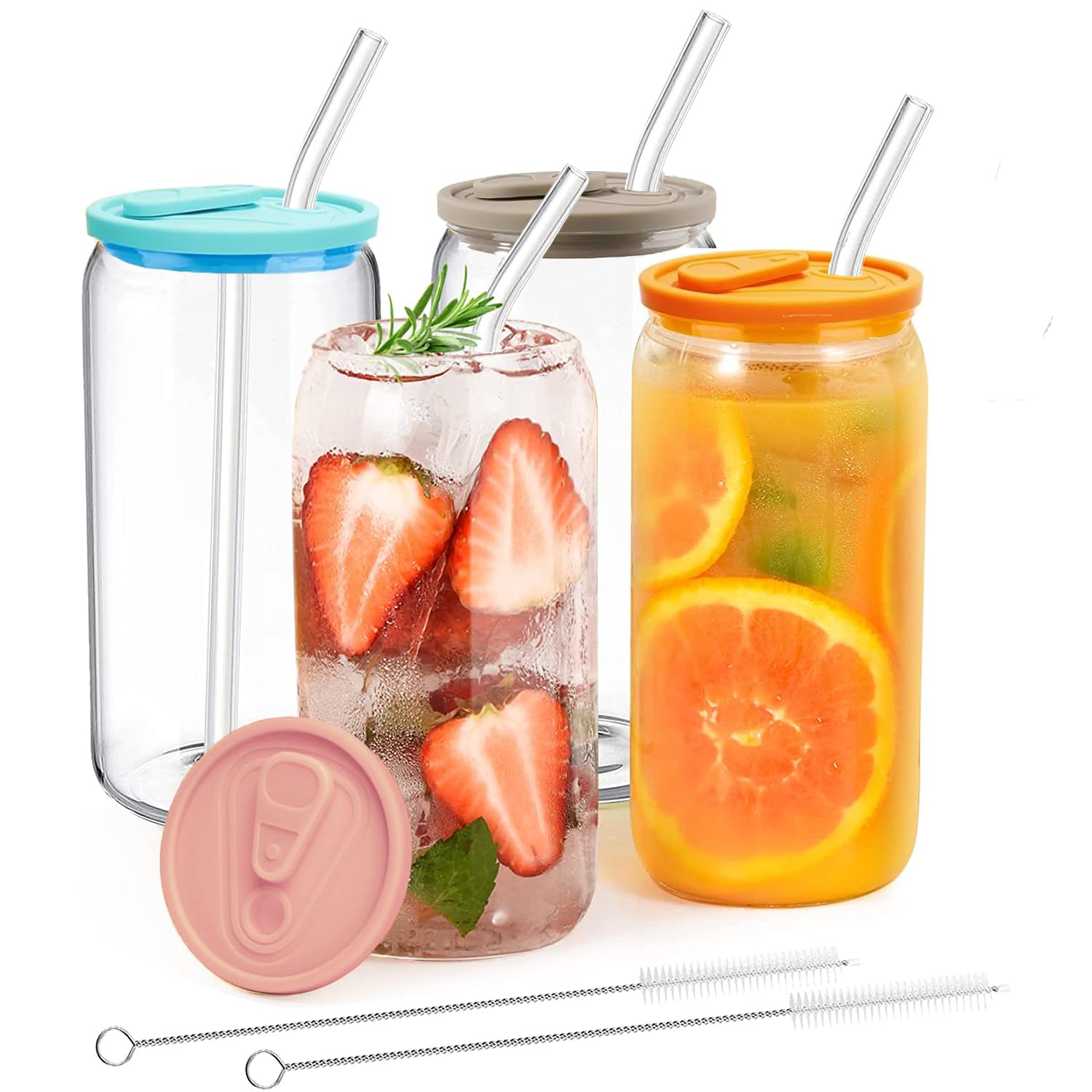 MEIMUCUL Glass Cups with Bamboo Lids and Straws,16oz Iced Coffee Cup,4 Pack Can Shaped Drinking Glasses,Reusable Smoothie Cup,Clear Glass Tumbler for Smoothie,Beer, Cocktail, Coffee, Juice
