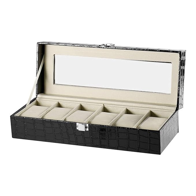 TIED RIBBONS 6 Slot Faux Leather Portable Watch Box Case with Glass Window for Men/Women (Black)