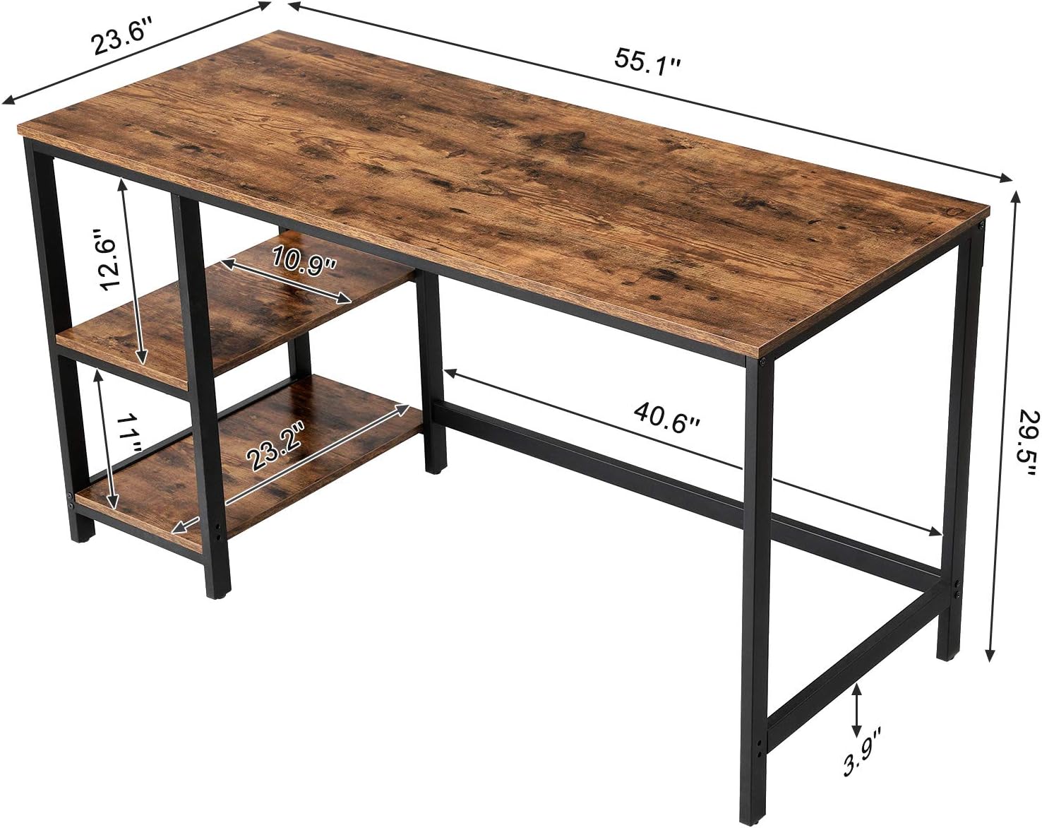 VASAGLE Computer Desk, 55-Inch Writing Desk, with 2 Shelves on Left or Right, Stable Steel Frame, Easy Assembly, Rustic Brown and Black ULWD55X: Home & Kitchen