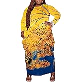 Fooullaide Women's Plus Size Maxi Dress Print Loose Oversize Long Sleeve Baggy Tshirt Casual Tunic Dresses with Pocket