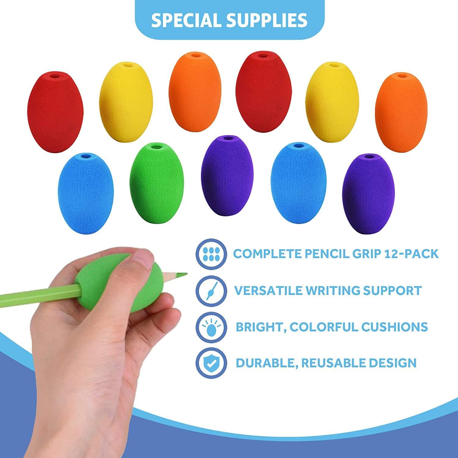 Special Supplies Egg Pencil Grips for Kids and Adults Colorful, Cushioned Holders for Handwriting, Drawing, Coloring - Ergonomic Right or Left-Handed Use - Reusable (12-Pack): Health & Personal Care