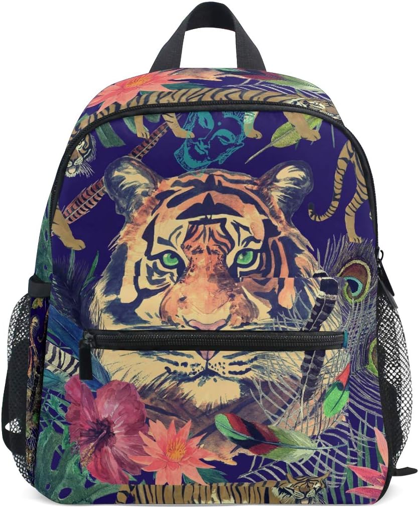 DOSHINE Kids Toddler Backpack, Indian Animal Tiger Flower Feathers Pre-School Book Bag for Children Boy Girls