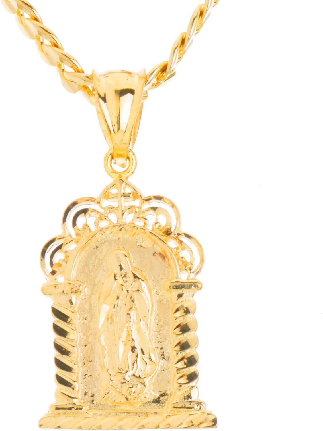 metaltree98 Virgin Mary Pendant Diamond Cut Solid Gold Plated 20" Concave Cuban