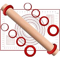 Rolling Pin with Thickness Rings 17.4”- Large Thicker Nonstick Silicone Pastry Baking Mat - Fondant Dough Rolling Pin…