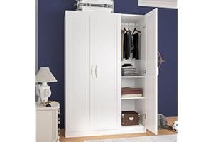 Homsee White Wardrobe Armoire Wooden Closet with 3 Doors, 5 Storage Compartments, 2 Hanging Rods & Decorative Handles for Bedroom