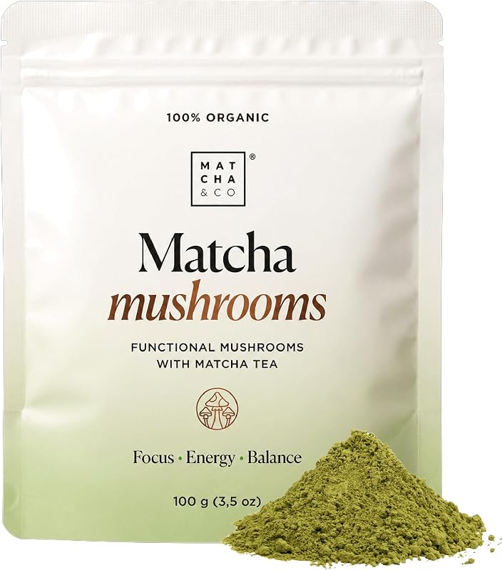 Cogumelos Matcha 100 g – Chá Matcha Cerimonial com 6 Cogumelos Funcionais (Juba de Leão, Reishi, Chaga, Cordyceps, Shiitake, Maitake) – Equilíbrio Energético de Foco – Origem Japonesa