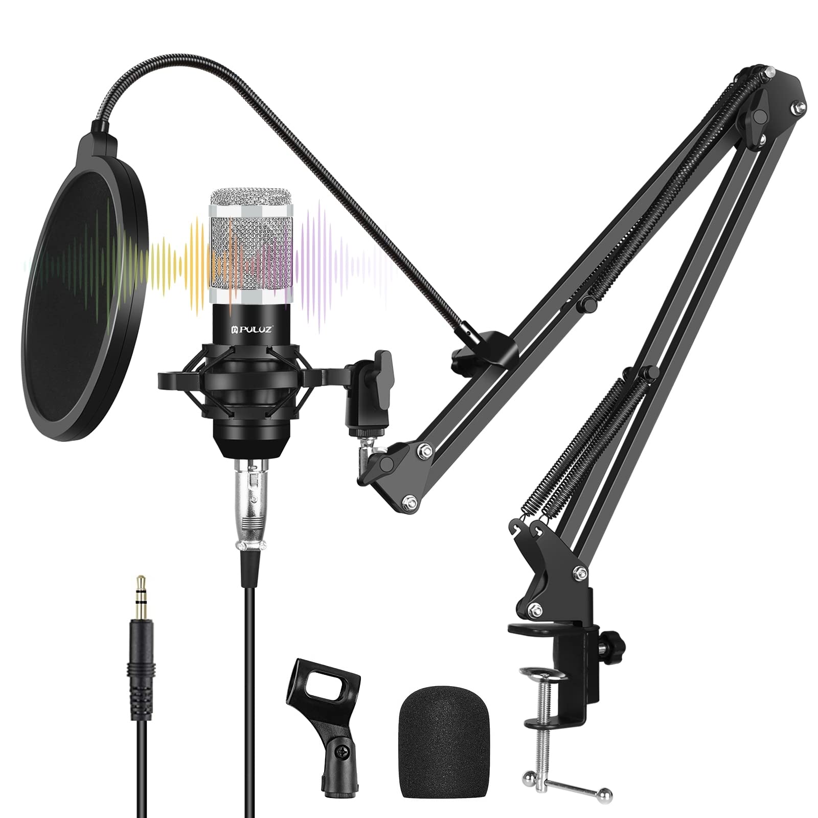 PULUZ Condenser Microphone Kit, Plug & Play with Live Sound Card, Supercardioid Condenser Mic with Boom Arm and Shock Mount for YouTube Vlogging, Gaming, Podcasting (Silver)