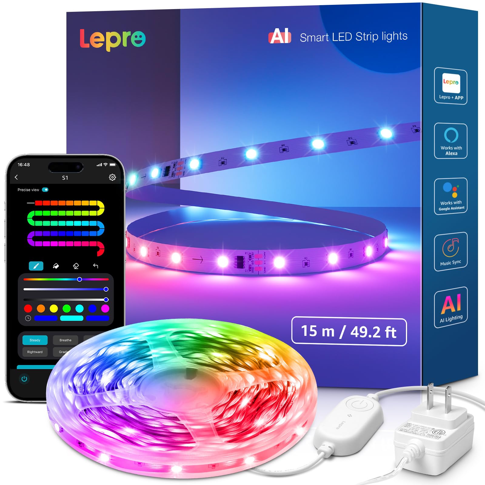 Photo 1 of Lepro S1 AI LED Strip Lights for Bedroom - 50ft Smart RGB Light Strips with IC and Rainbow Chasing Effects, Color Segment DIY, AI Generated Lighting, No Remote, 2.4G Wi-Fi & Bluetooth