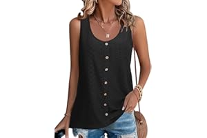 RIROW Women Tank Tops Eyelet Summer Sleeveless Tops Button Front Round Neck Basic T-Shirts Casual Loose Fit Tunic 2025 New