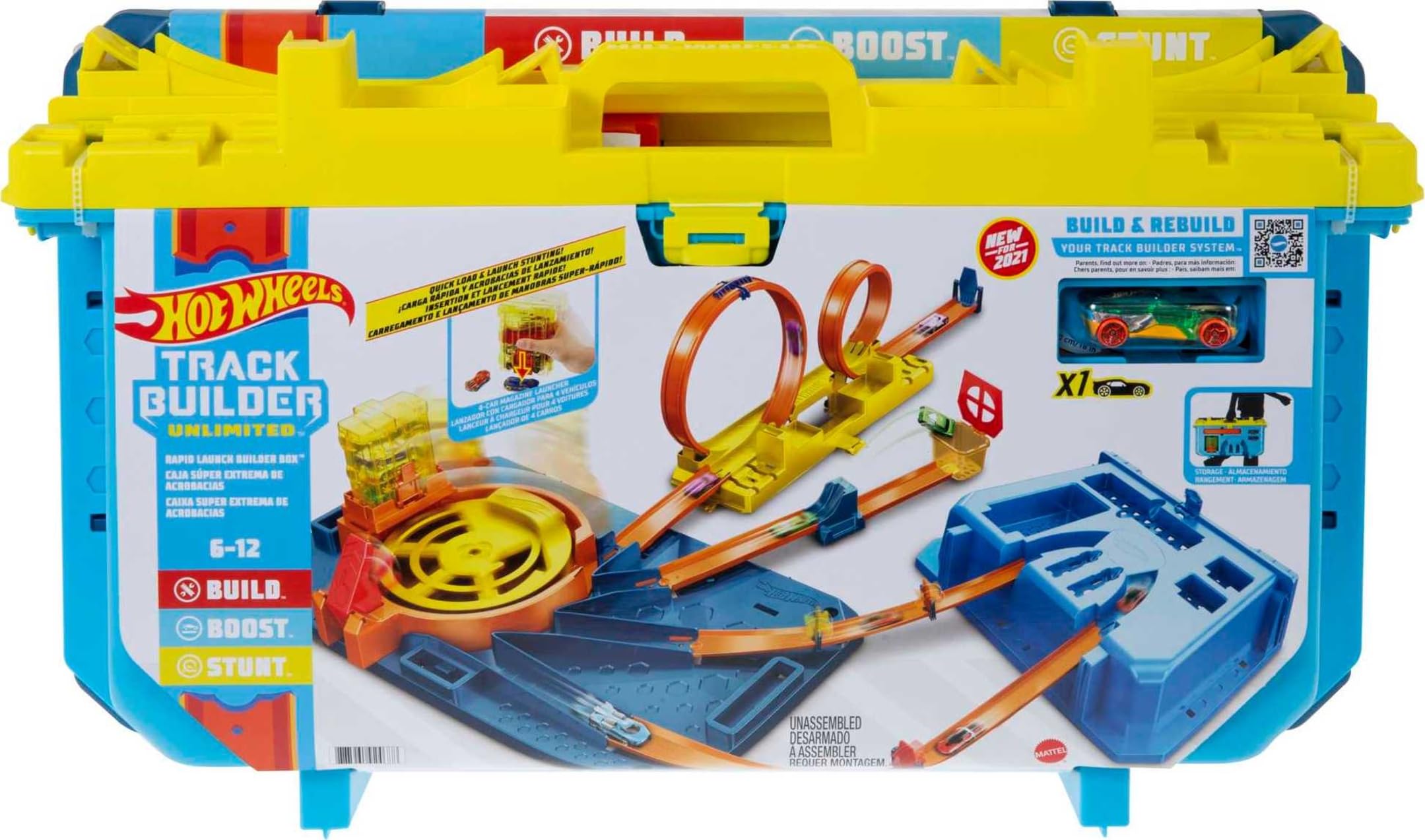 Hot Wheels Track Builder Unlimited Rapid Launch Builder Box, All-In-One Building & Stunting Kit with Track Pieces & Accessories & Storage Container, Gift for Kids 6 Years & Up, GVG11