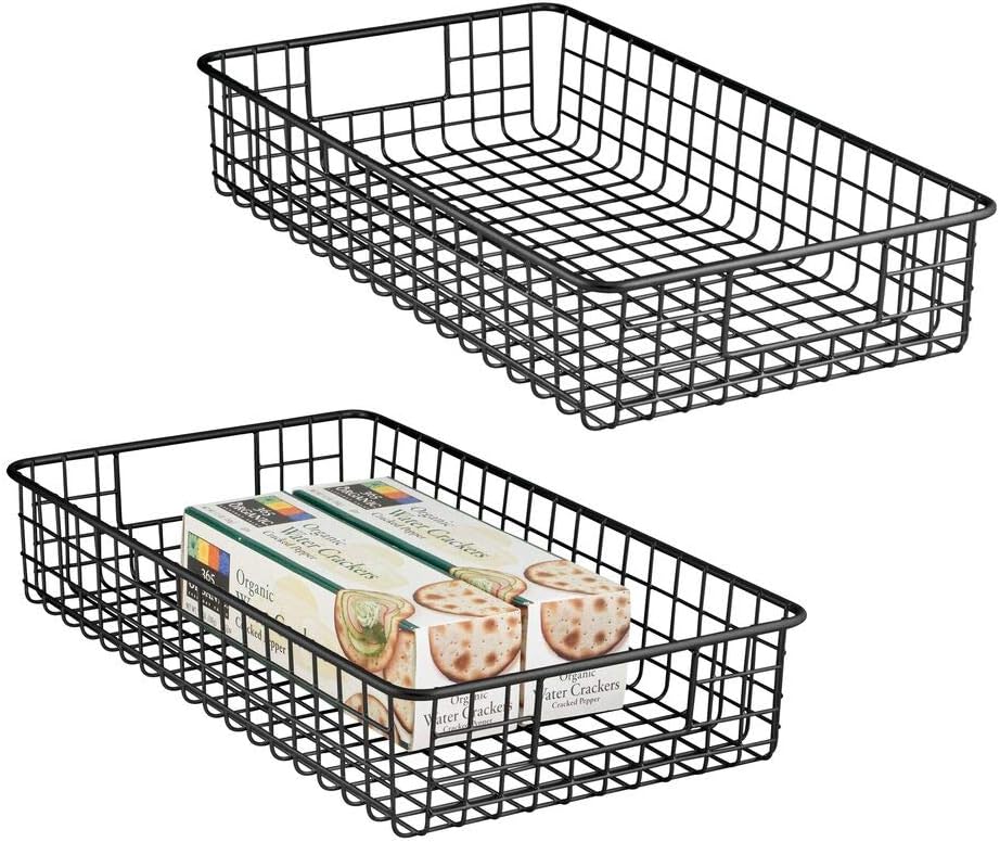 mDesign Set of 2 Wire Baksets - Wide Wire Storage Basket for Kitchen Pantry, Cabinet - Matte Black, Pack of 2