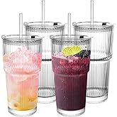CHPINDAM Ribbed Drinking Glasses,with Lids and Straws Glass Cup,19oz Glass cup,4 Pack Old Fashioned Glasses,Thickened for iced coffees,cocktails and juices, perfect for families and parties (4)