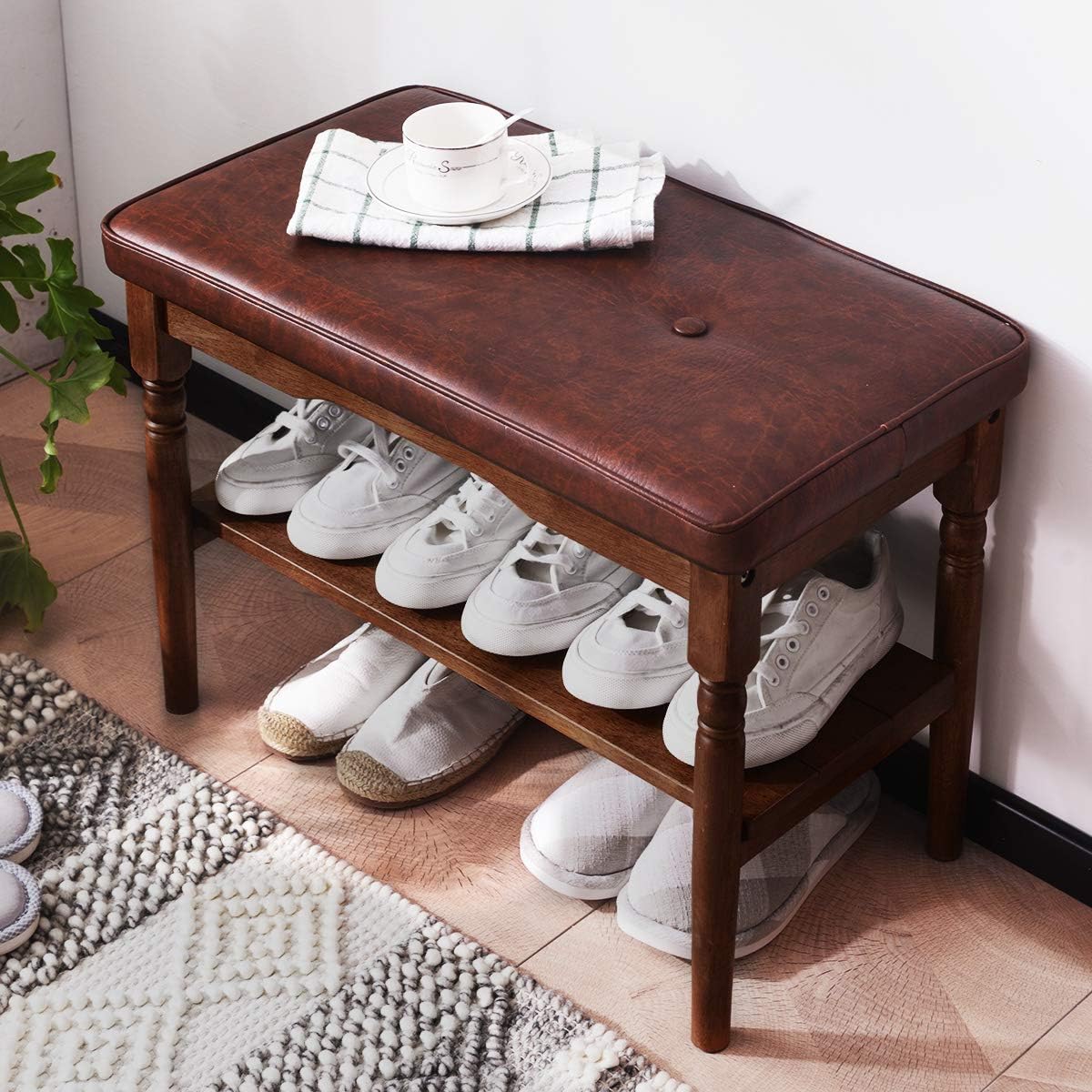 OGCAU Shoe Rack Bench Wooden Shoe Storage Bench Entryway with Storage Bench for Bedroom, Living Room, Hallway, Garage(Walnut): Kitchen & Dining