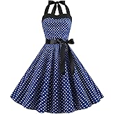 Women's 50s 60s Vintage Polka Dot Halter Cocktail Swing Dress 1950s Audrey Hepburn Retro Style Rockabilly Prom Dress Knee Length Tie Waist Wedding Evening Gown Tea Party with Belt Dark Blue Large