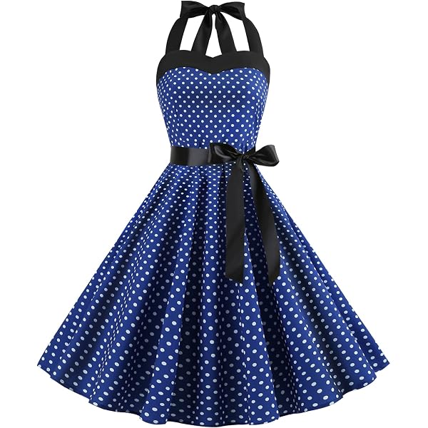 Women's 1950s Vintage Polka Dot Halter Swing Dress - Retro Rockabilly Cocktail Tea Party Dress, Audrey Hepburn Style, Blue Halter Medium - View #6