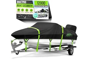 Boatpro 1200D Waterproof Boat Cover with Motor Cover, Solution-Dye Marine Canvas Trailerable Boat Cover 17-19ft for 17 feet 18ft 19' Foot V-Hull Bass Boat Tri-Hull Runabout Boat, Black