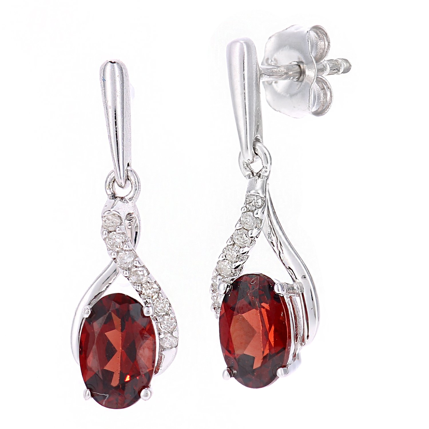Naava 9ct White Gold Oval Garnet and Diamond Twist Drop Earrings