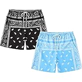 Eymitory Men's 2 Pack Paisley Print Graphic Shorts Drawstring Waist Boho Tribal Summer Bandana Shorts with Pockets
