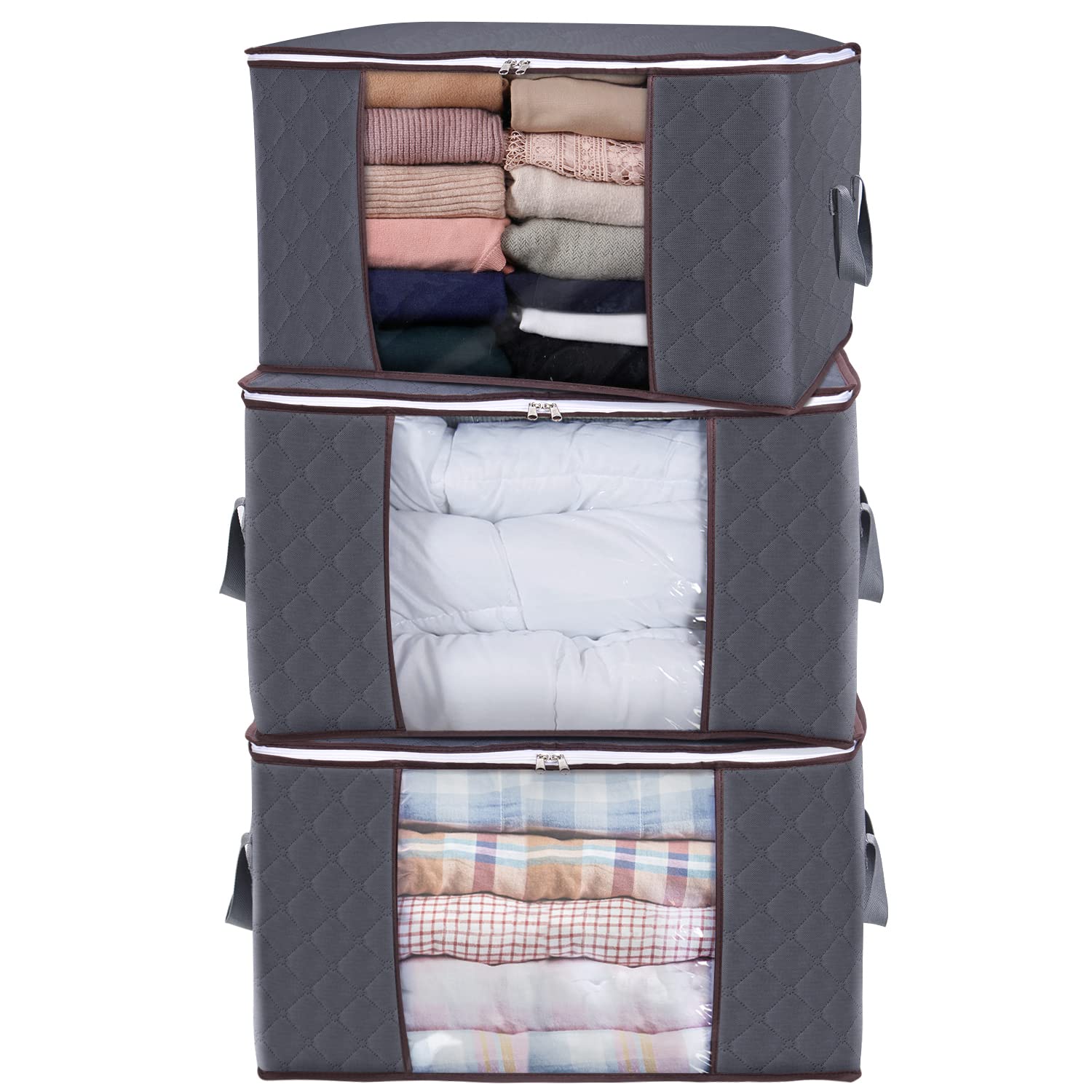 Lifewit 95L Clothes Storage Bags, Foldable Storage Box Moving Bags Wardrobe Storage Organiser Packing Boxes for Moving House with Clear Window for Clothing Bedding Blankets, Grey, 3 Pack