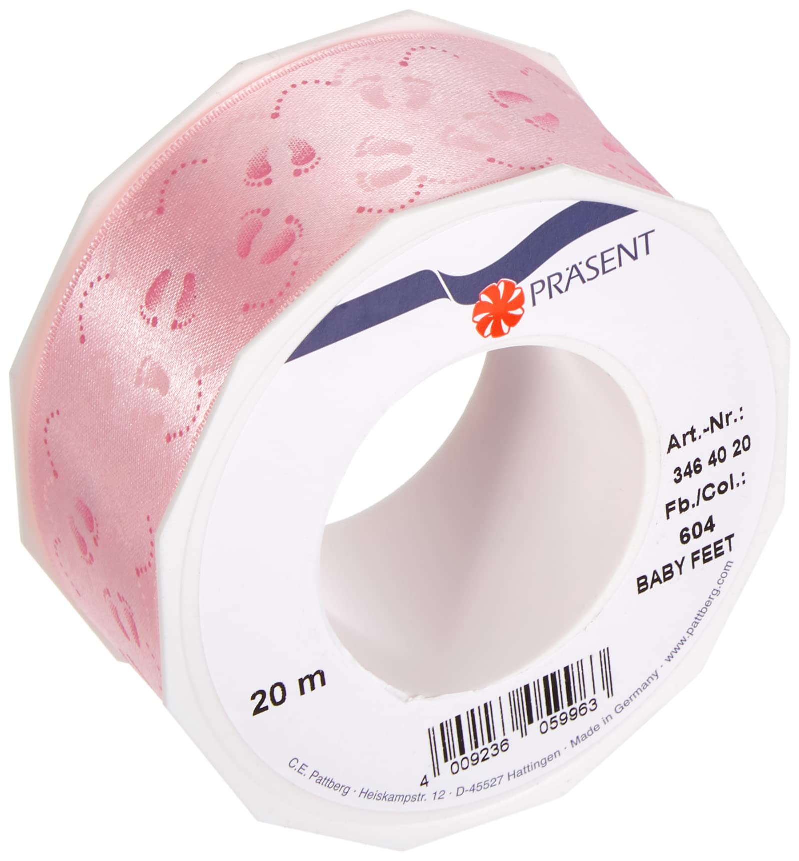 PRÄSENT - Baby Feet Printed Satin Ribbon Pink 40 mm width, 20 m length — image 1