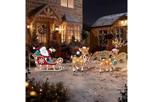 Afirst Christmas Yard Stakes Lighted Up Metal Christmas Outdoor Decorations with Lights Santa Claus On Sleigh Reindeers Lighted Metal Yard Stakes Xmas Garden Stake Lawn Pathway Outdoor Decoration