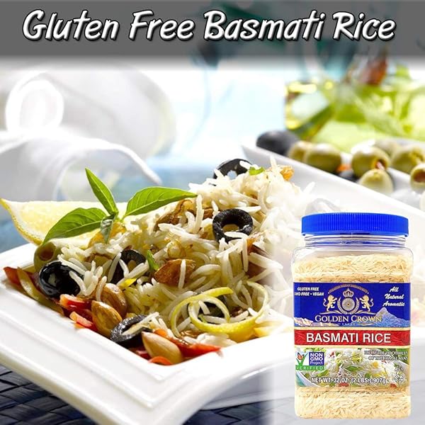 GOLDEN CROWN WHITE BASMATI RICE, PREMIUM QUALITY GLUTEN-FREE, KOSHER & HALAL, NATURALLY AGED LONG GRAIN NON-STICKY & FLUFFY AROMATIC HIMALAYAS RICE – 32 OZ (2LB)