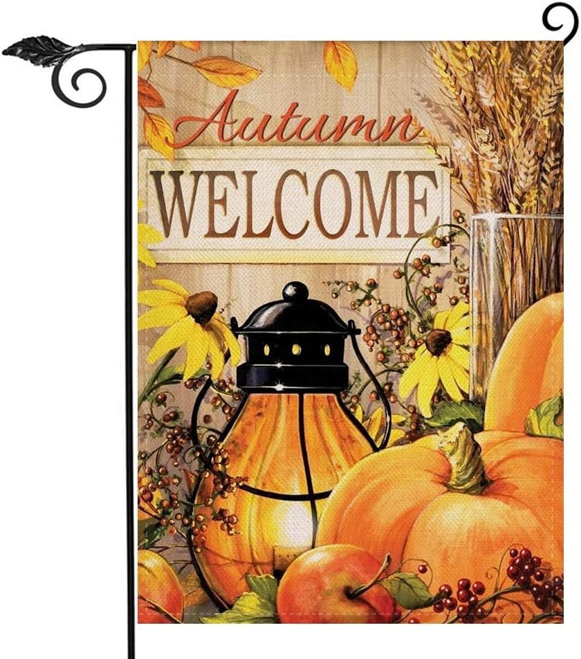 Hzppyz Welcome Autumn Home Decorative Garden Flag Candle Lantern Pumpkins, Autumn Harvest House Yard Wheat Sunflower Decor Flag, Thanksgiving Outside Decorations Seasonal Outdoor Small Flag 12 x 18