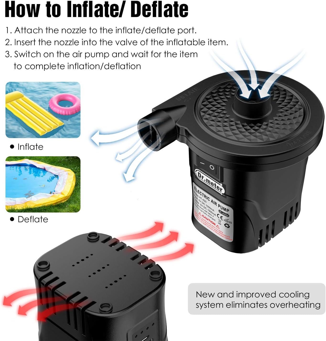Rechargeable Air Pump, Dr.meter HT-420 Portable Electric Air Pump Quick-Fill Inflator Deflator Air Mattress Pump (Rechargeable Air Pump): Home & Kitchen