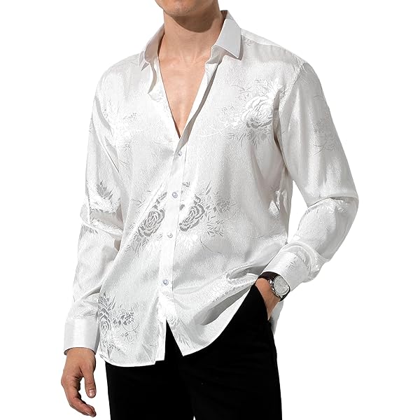 Camisa Floerns Graduación Camisa Manga Larga Hombre Floerns - Satén Brillante, Cuello En V, Ideal Para Fiestas Y Eventos Elegantes Camisa Satén Brillante Eventos Formales Hombre