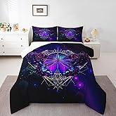 Manfei Butterfly Comforter Set Queen Size, Galaxy Sun Moon Bedding Set 3pcs, Bohemian Moth Purple Down Comforter for All Season, Kids Girls Room Decor, Lightweight Duvet Insert, 2 Pillowcases