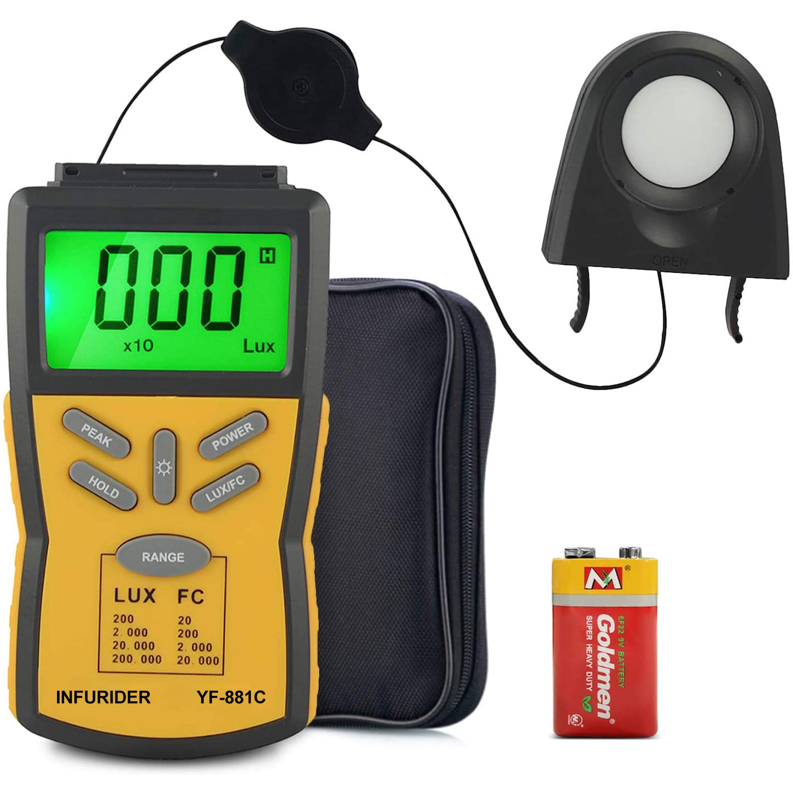 INFURIDER YF-881C Digital Light Lux Meter，Lumen/FC Photometer Illuminance Meter,Luxmeter Sensor Measure 0.1-200,000Lux(0.01-20,000FC) Lights,Bright Tester for Photography,Plant,Foot Candle