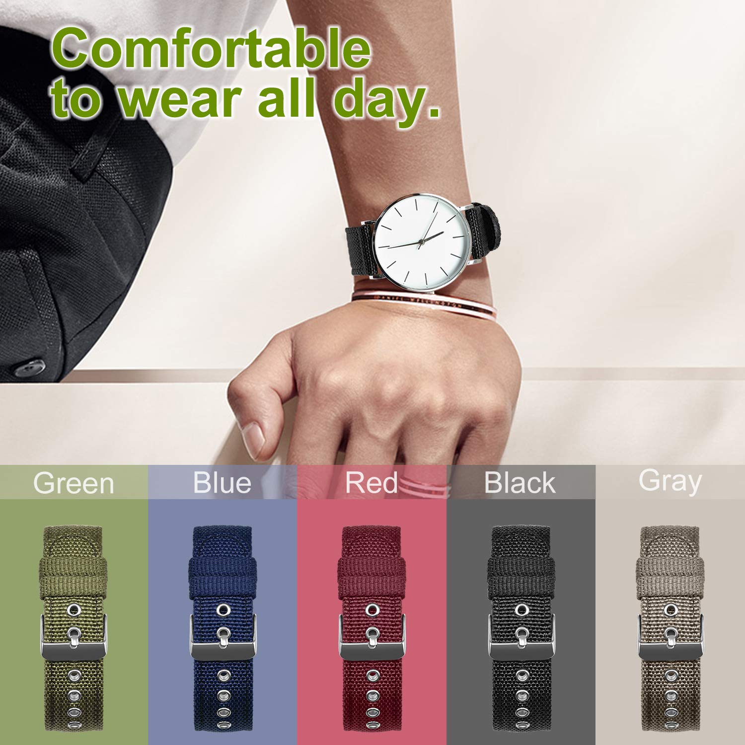 ULLCHRO Nylon Watch Strap Replacement Watch Band Military Army Men Women - 18mm, 20mm, 22mm, 24mm Watch Bracelet with Stainless Steel Silver Buckle