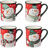 Christmas Whimsy Snowman Set of 4 Mugs – 18 oz Holiday Cups Featuring 4 Assorted Playful Snowman Designs on a Red Background – Dishwasher Safe – Festive Drinkware for Cocoa & Coffee