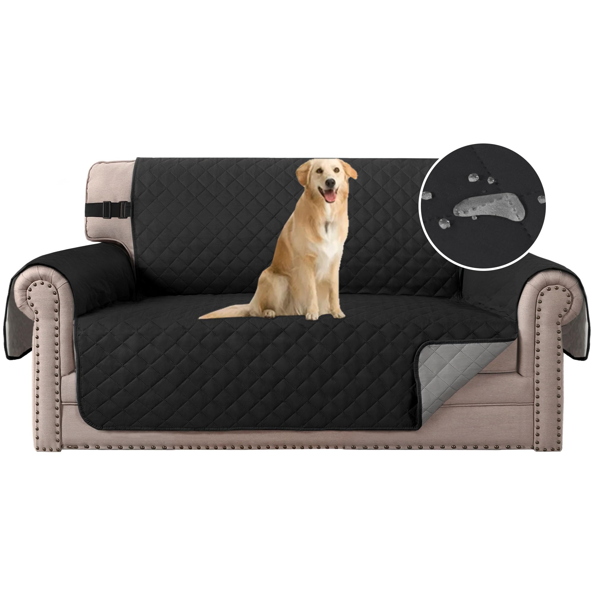 H.Versailtex Reversible Sofa Protector, 2 Seater Water Resistant Sofa Slipcover for Pets with Non Slip Elastic Straps, Machine Washable Sofa Covers for Kids(Black/Gray)