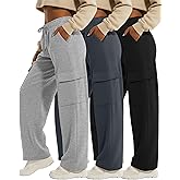 Velvelhall 3 Pack Women's Cargo Sweatpants Wide Leg Baggy Elastic Drawstring Pants Casual Athletic Joggers with 4 Pockets